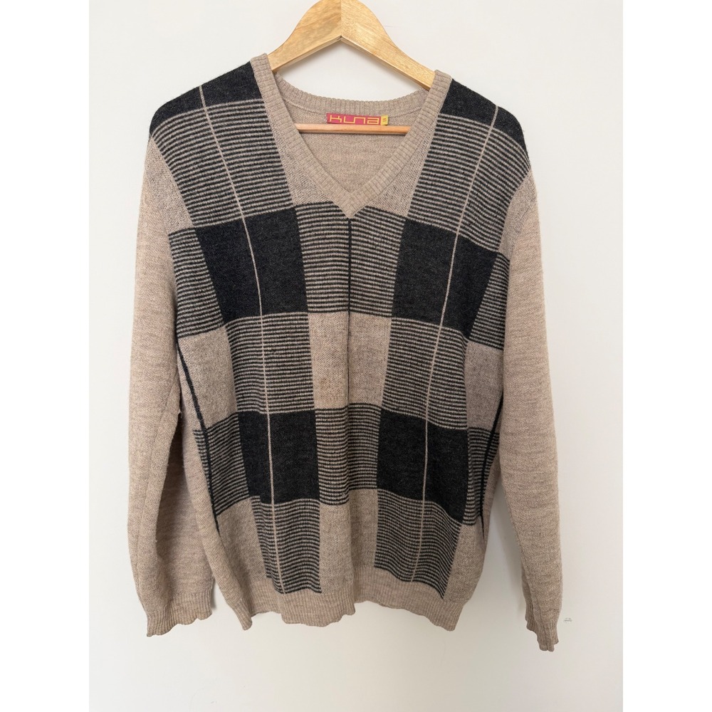 Kuna V-neck Sweater Mens M Plaid Striped Knit Beige Charcoal Excellent